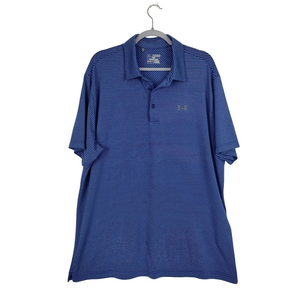 Under Armour HeatGear Mens 2XL Blue Striped Loose Fit Golf Polo Short Sleeve Shi